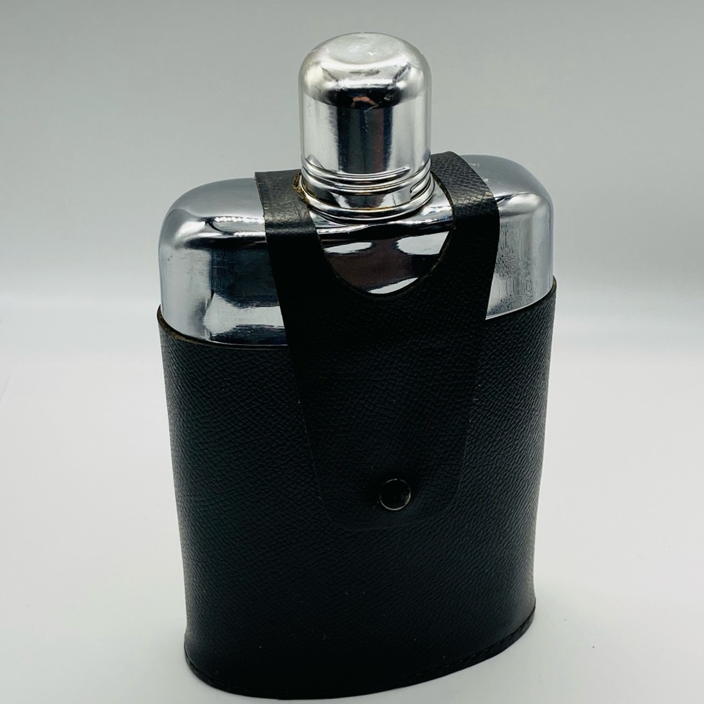 Vintage Sheldon Steerhide England Black Leather and Clear Glass Hip Flask